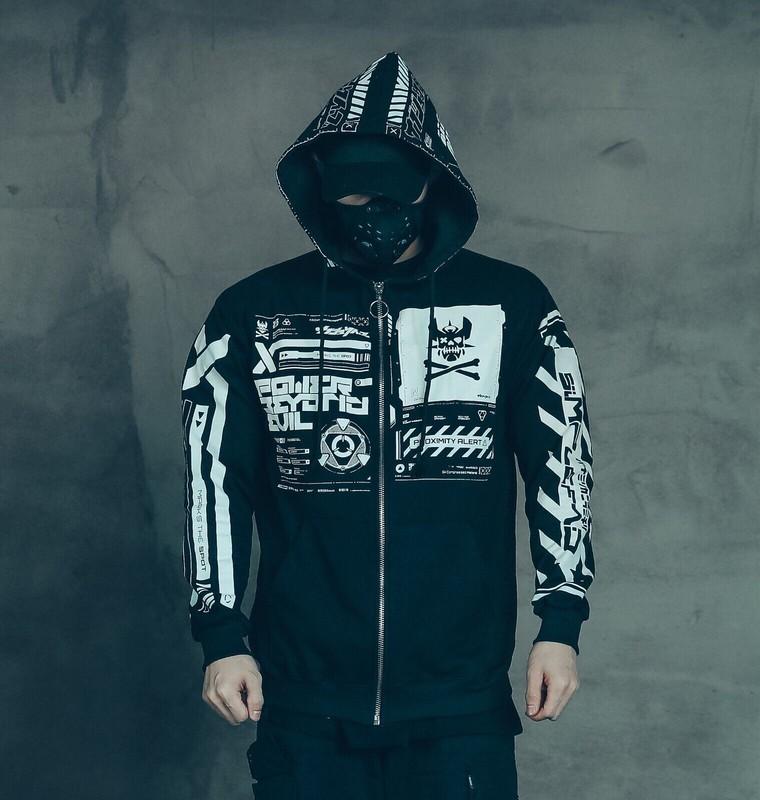 Niepce Unisex Cyberpunk X2 Techwear Jacket Streetwear Graphic Coat With Hoodie