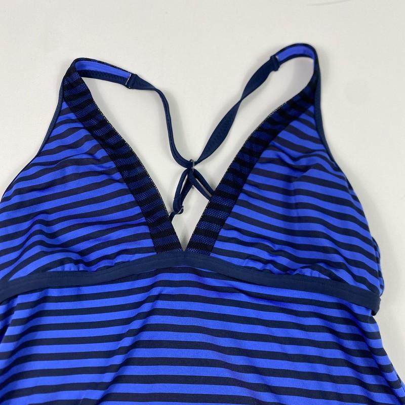 Nike Tankini Swim Womens Medium Blue Black Striped Crossback Swimsuit NESS7255