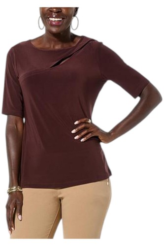 Nina Leonard Women's Elbow Sleeve Peek-a-Boo Top Chocolate