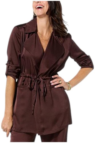 Nina Leonard Women's Hammered Satin Drawstring Waist Jacket Chocolate