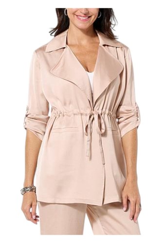 Nina Leonard Women's Hammered Satin Drawstring Waist Jacket Champagne