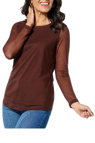 Nina Leonard Women's Long Sleeve Power Mesh Top Chocolate
