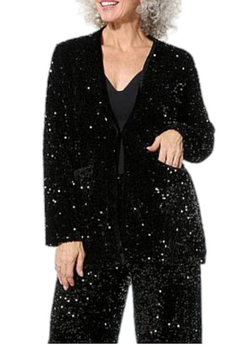 Nina Leonard Women's Sequin Blazer with Pockets Black
