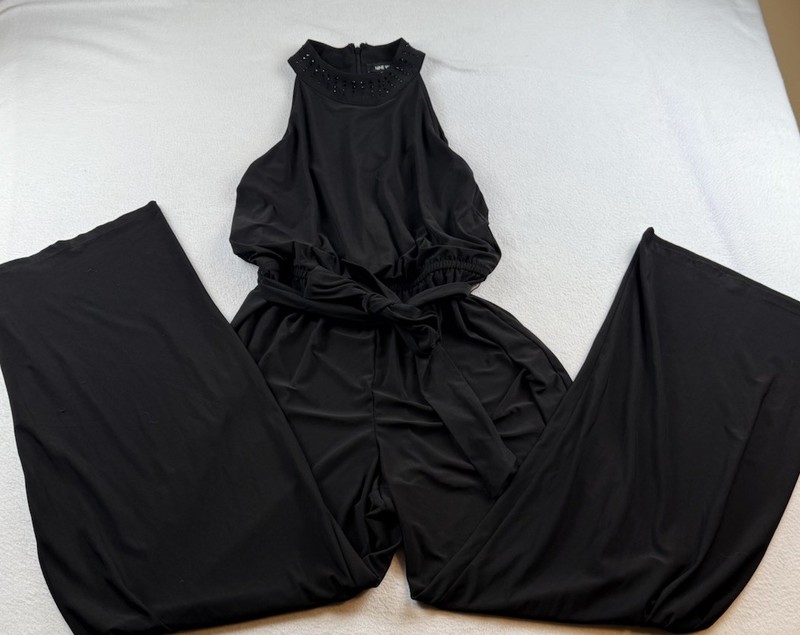 Nine West Wide Leg Halter Jumpsuit Size 10 Black Sequins