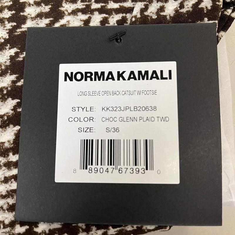 NORMA KAMALI Sleeve Open Back Catsuit Footsie Women's Sz S/36 Chocolate Plaid