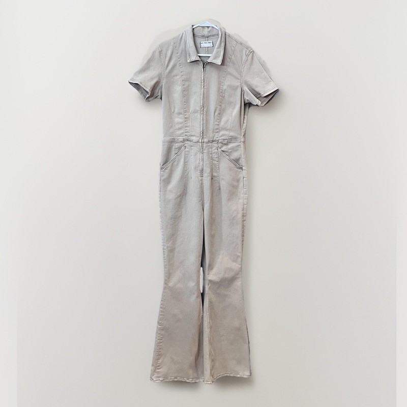 NWOT We The Free Women’s Jayde Denim Jumpsuit Khaki Zipper Flare Leg Size XL