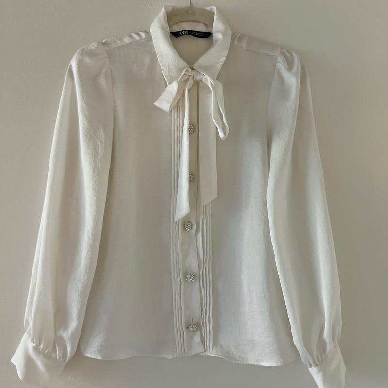 NWOT Zara Old Money Coquette Bow Pearl Button Long Sleeve Shirt Top Blouse XS