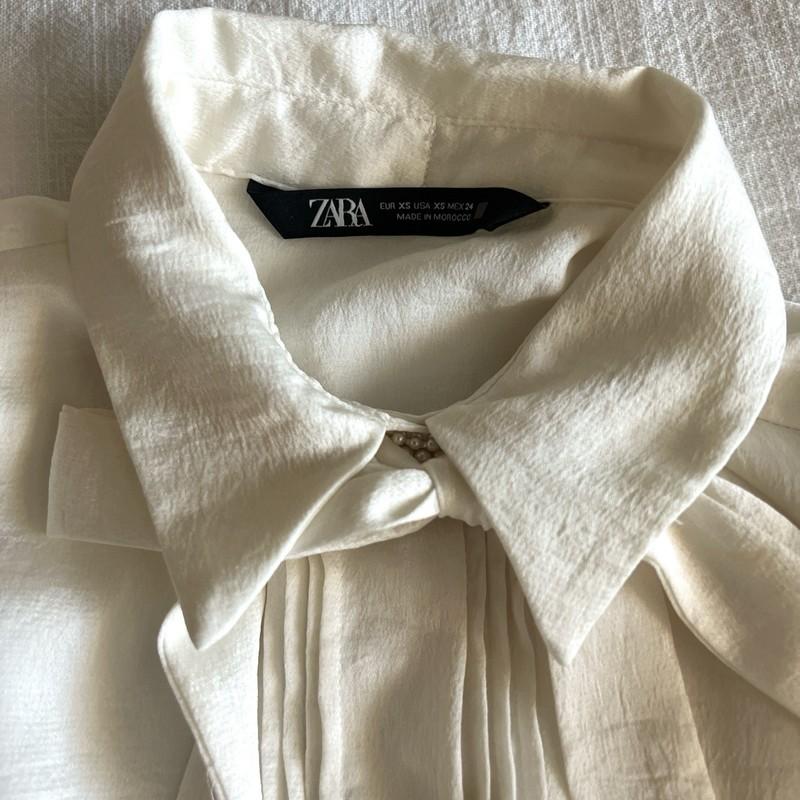 NWOT Zara Old Money Coquette Bow Pearl Button Long Sleeve Shirt Top Blouse XS