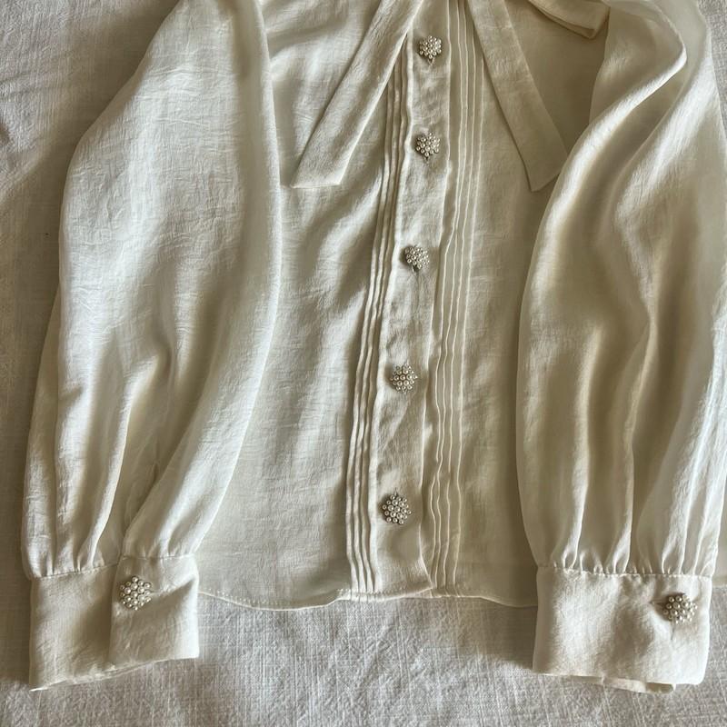 NWOT Zara Old Money Coquette Bow Pearl Button Long Sleeve Shirt Top Blouse XS