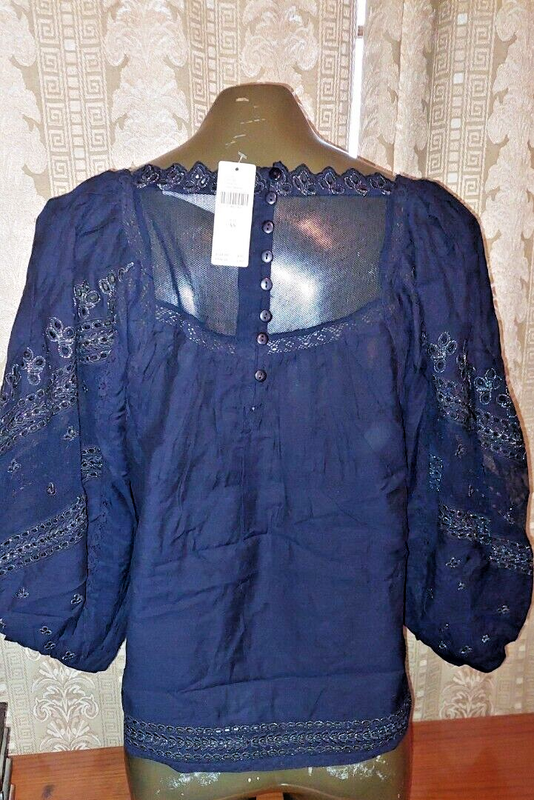 NWT $128 Anthropologie Navy Marin Puff Sleeve Blouse Top Shirt Size S
