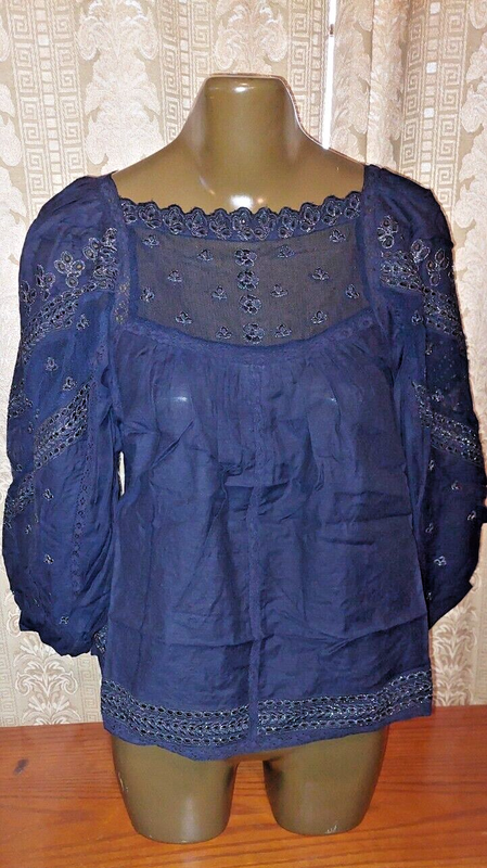 NWT $128 Anthropologie Navy Marin puff sleeve Blouse top shirt Size S