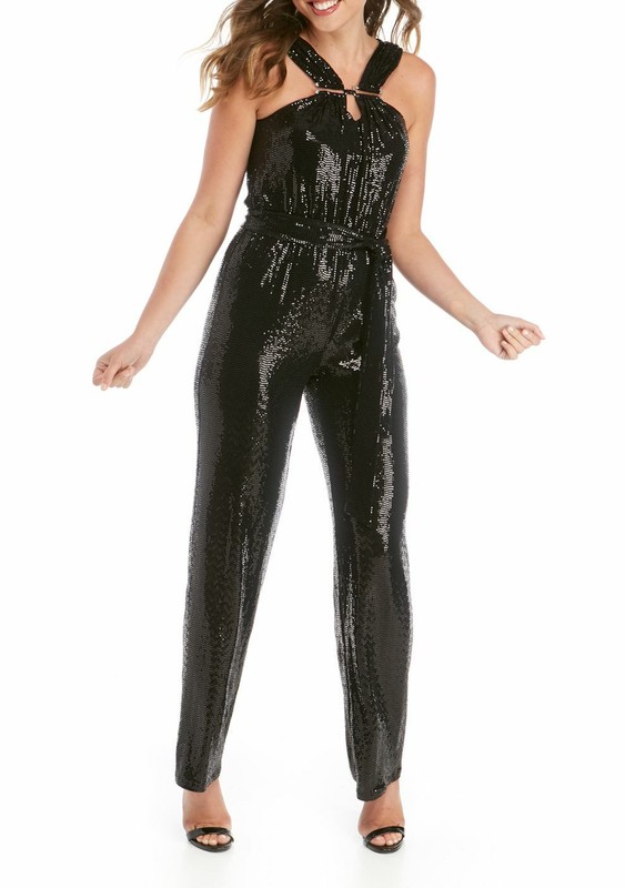 NWT $175 MICHAEL Michael Kors Sequin Mirror Dot Halter Jumpsuit Black S