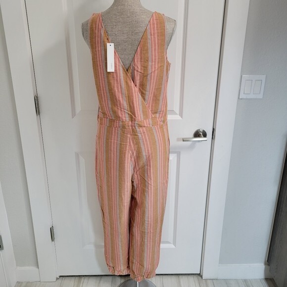 NWT $266 Anthropologie Drew Size S Salmon/Blue Striped Linen Blend Jumpsuit