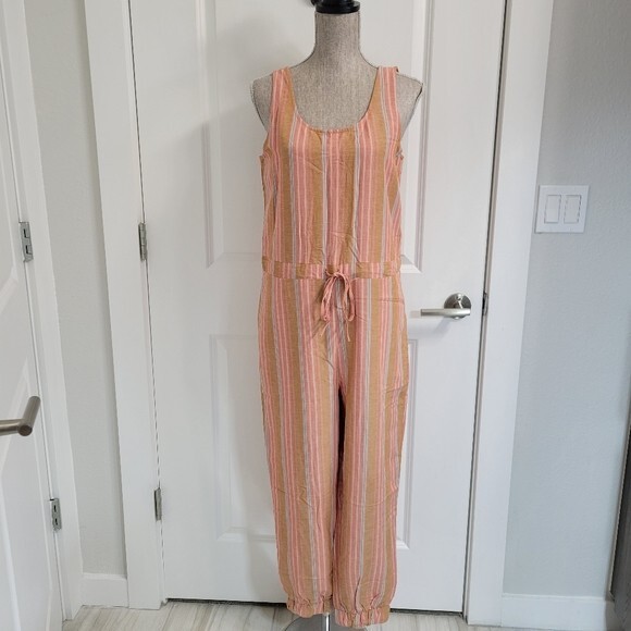 NWT $266 Anthropologie Drew Size S Salmon/Blue Striped Linen Blend Jumpsuit