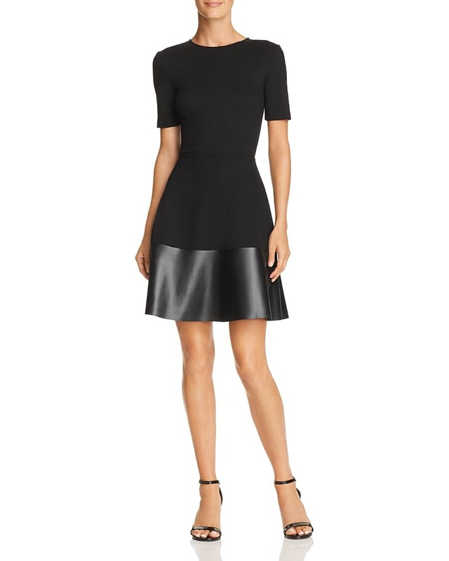 Nwt $323 Aqua Dresses Women's Black Round Neck Faux Leather Hem Dress Size S