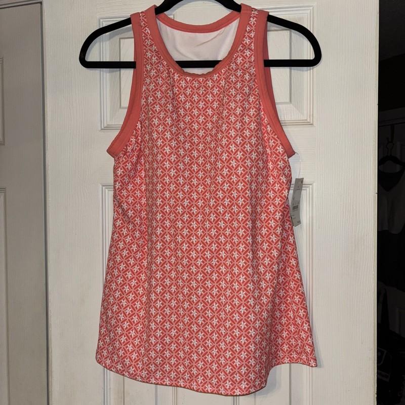 NWT $45 Lands End M 10-12 Coral Pink White Geo Floral Print Tankini Swim Top
