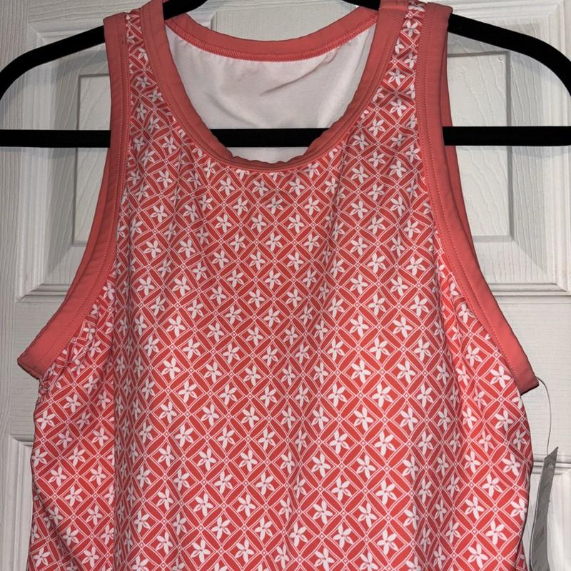 NWT $45 Lands End M 10-12 Coral Pink White Geo Floral Print Tankini Swim Top