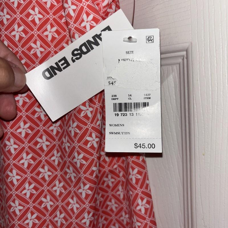 NWT $45 Lands End M 10-12 Coral Pink White Geo Floral Print Tankini Swim Top