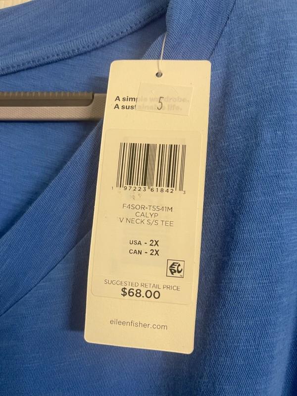 NWT $68 Eileen Fisher Calypso Organic Cotton Clubby Jersey V-Neck Tee 1X 2X 3X