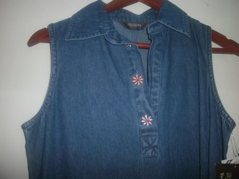 NWT Agapo BLUE JEAN LONG MODEST MAXI DENIM SLEEVELESS COLLARED DRESS Sz S (B149)
