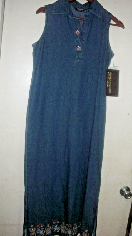 NWT Agapo BLUE JEAN LONG MODEST MAXI DENIM SLEEVELESS COLLARED DRESS Sz S (B149)
