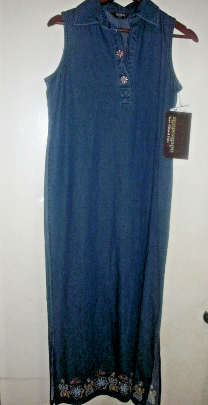 NWT Agapo BLUE JEAN LONG MODEST MAXI DENIM SLEEVELESS COLLARED DRESS Sz S (B149)