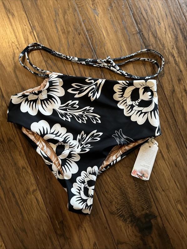 NWT Agua Bendita X Free People Glenda Bikini Bottom Black Motif Sz L