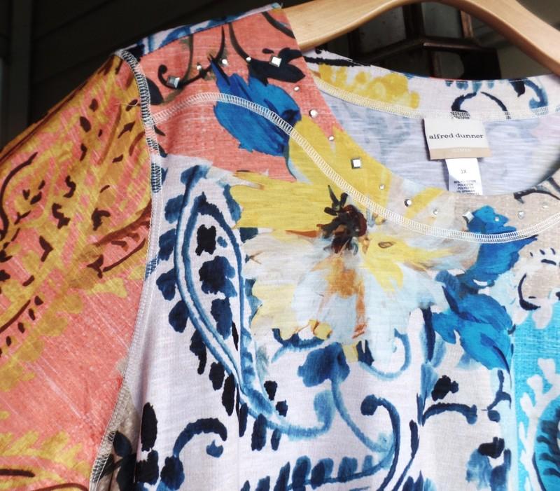 NWT ALFRED DUNNER ARTSY BATIK BEAUTIFUL PRINT BEAD/RUCHING TRIMS KNIT TOP 3X
