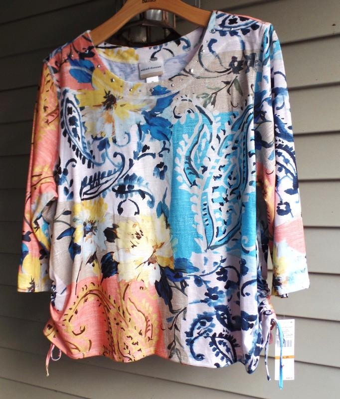 NWT ALFRED DUNNER ARTSY BATIK BEAUTIFUL PRINT BEAD/RUCHING TRIMS KNIT TOP 3X