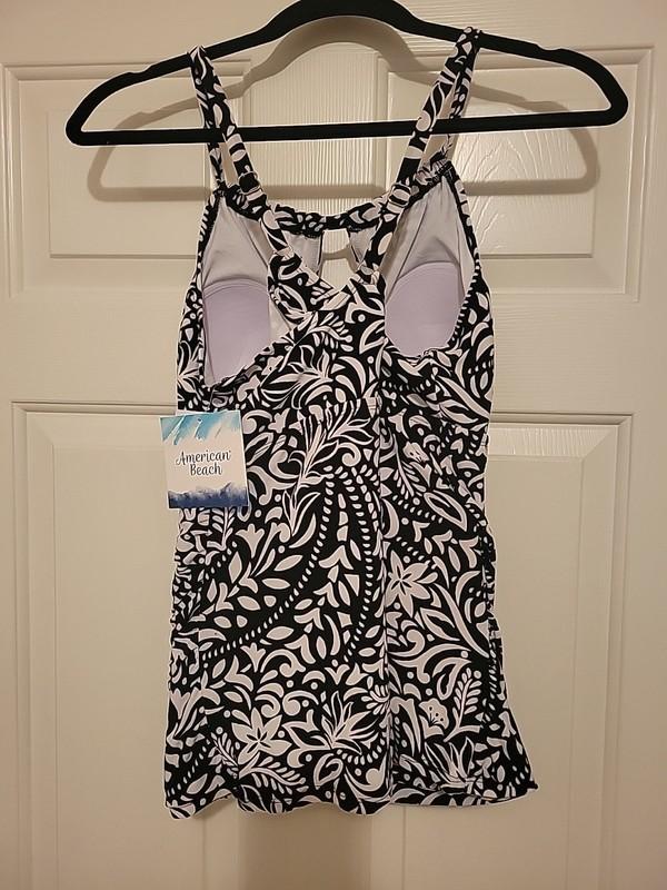 NWT American Beach Womens Swim Top Floral Keyhole Tank Black & White Size 16
