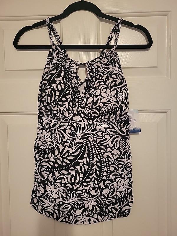 NWT American Beach Womens Swim Top Floral Keyhole Tank Black & White Size 16