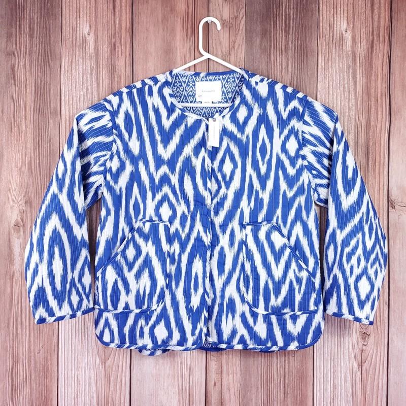 NWT Anthropologie Womens Size Large Nora Quilted Jacket Blue White Snap Button