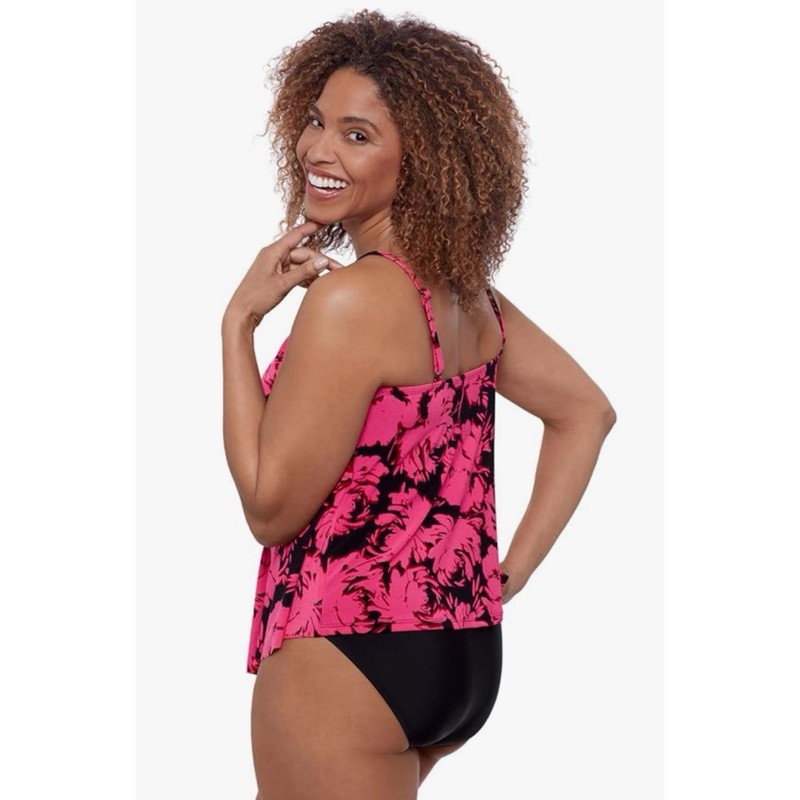 NWT Aqua Green Triple Tier Floral Tankini Swimsuit Top Pink Black Size Medium