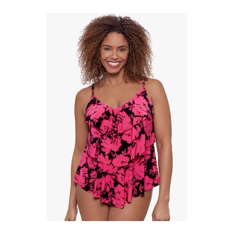 NWT Aqua Green Triple Tier Floral Tankini Swimsuit Top Pink Black Size Medium