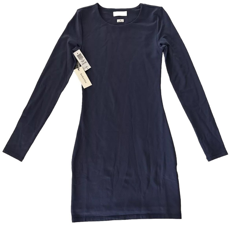 NWT ARITZIA BABATON CONTOUR CREW LONG SLEEVE MINI DRESS XS Navy Blue Crewneck
