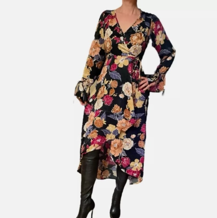 NWT Band Of The Free Floral Hi-Lo Wrap Maxi Dress Black Berry M
