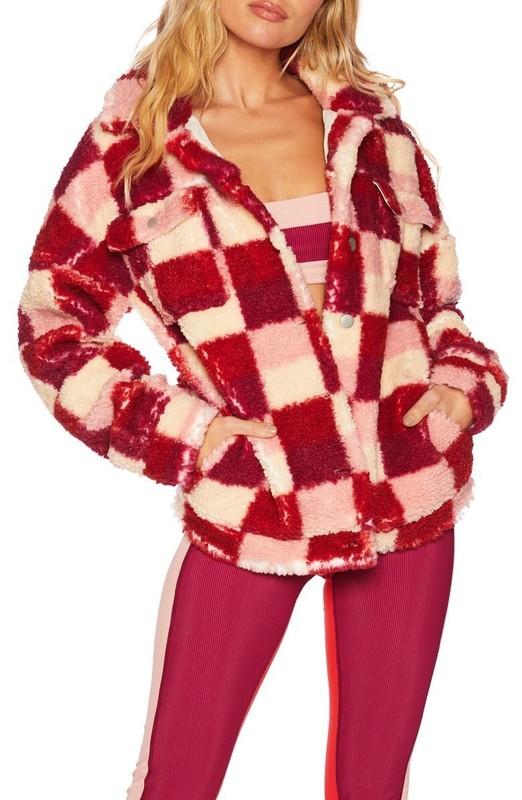 NWT- BEACH RIOT 'Laurie' Check Pattern Faux Sherpa Teddy Jacket Sangria - Small