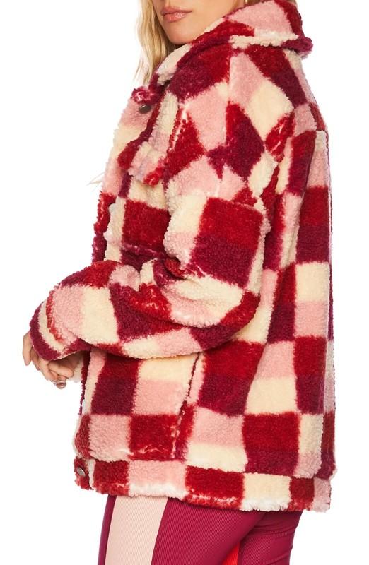 NWT- BEACH RIOT 'Laurie' Check Pattern Faux Sherpa Teddy Jacket Sangria - Small