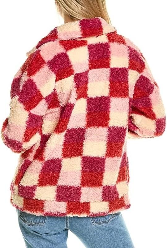 NWT- BEACH RIOT 'Laurie' Check Pattern Faux Sherpa Teddy Jacket Sangria - Small