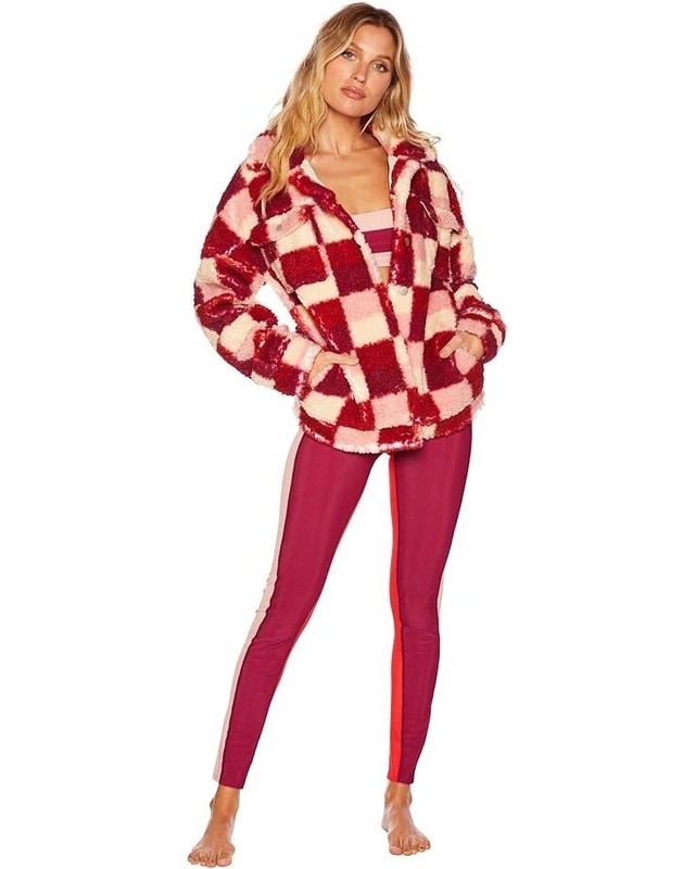 NWT- BEACH RIOT 'Laurie' Check Pattern Faux Sherpa Teddy Jacket Sangria - Small