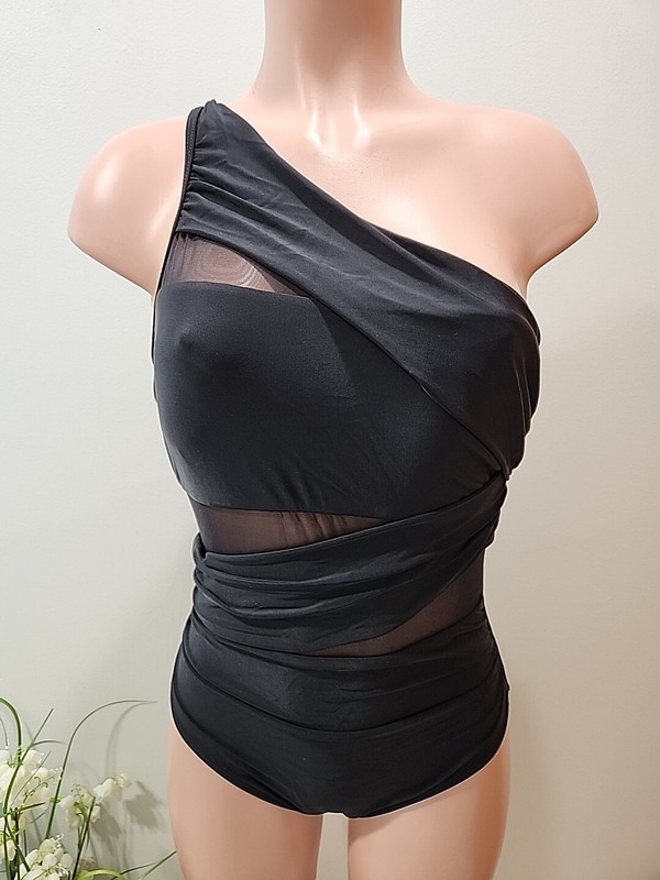 NWT Black Cupshe One Piece Woman’s Bathing Suit Size Medium One Shoulder Sheer