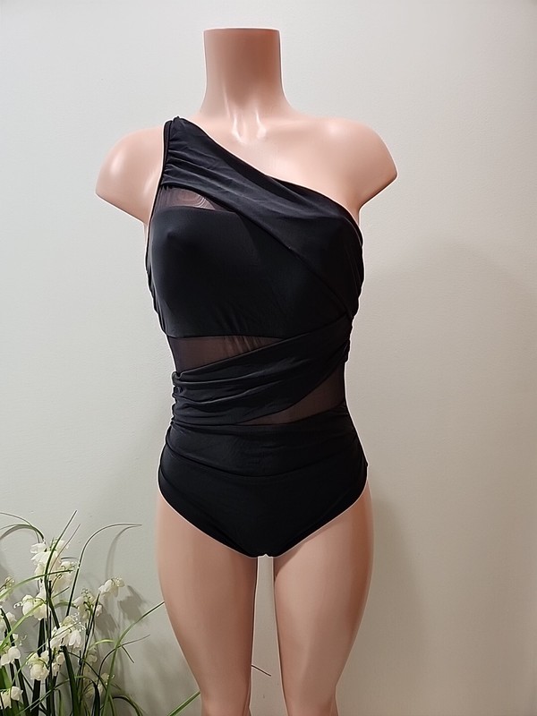 NWT Black Cupshe One Piece Woman’s Bathing Suit Size Medium One Shoulder sheer