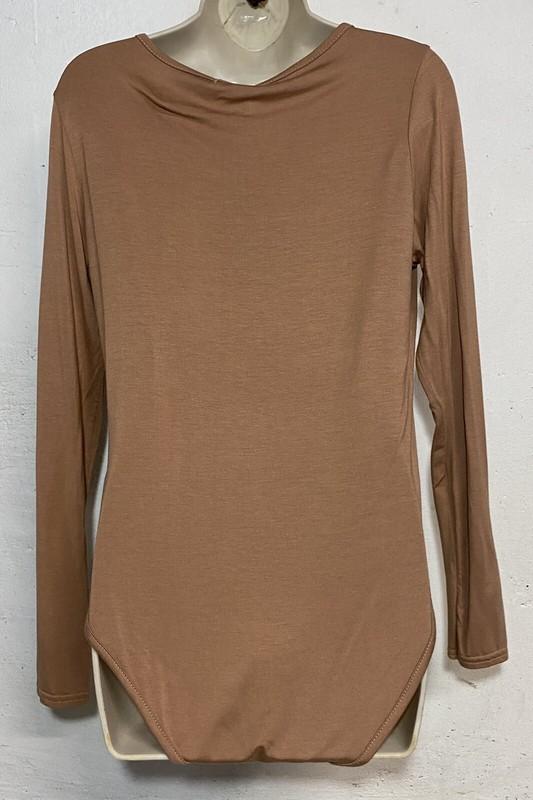 NWT Boohoo Size 10 Bodysuit Tan Jannie Long Sleeve V-Neck Stretch