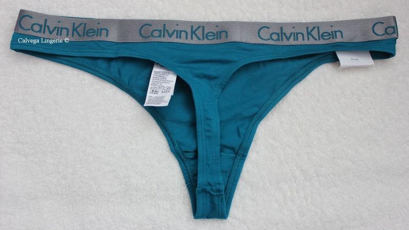 NWT Calvin Klein QD3539 "Radiant" Low-Rise Cotton Thong Teal / Gray Logo Trim L