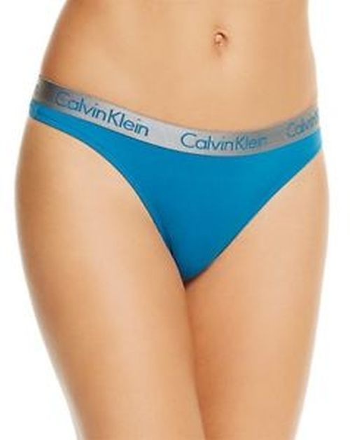 NWT Calvin Klein QD3539 "Radiant" Low-Rise Cotton Thong Teal / Gray Logo Trim L