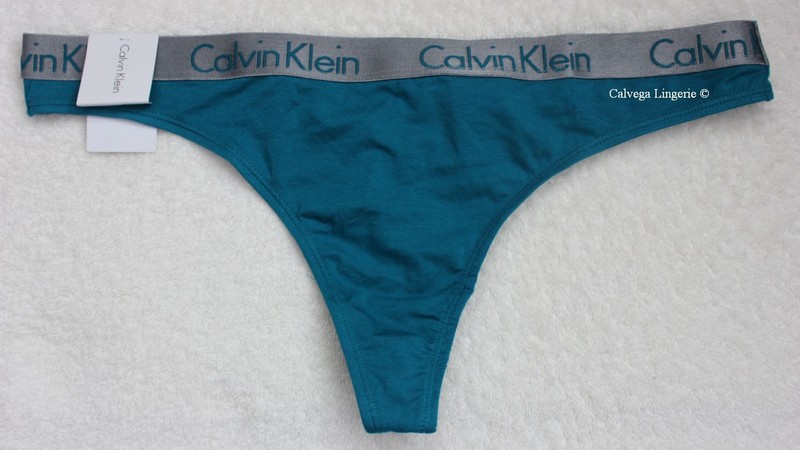 NWT Calvin Klein QD3539 "Radiant" Low-Rise Cotton Thong Teal / Gray Logo Trim L