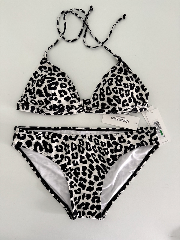 NWT Calvin Klein Women Swimwear Swimsuit 2 Pcs Sz Large L Black White Ties Pads