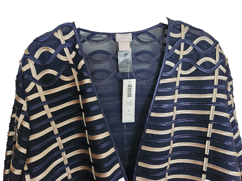 NWT Chico's 2 XL 14 Textured Travelers Strip Jacket Navy Blue Gold Lined $149