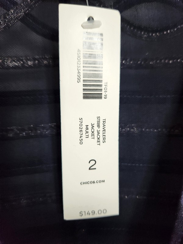 NWT Chico's 2 XL 14 Textured Travelers Strip Jacket Navy Blue Gold Lined $149