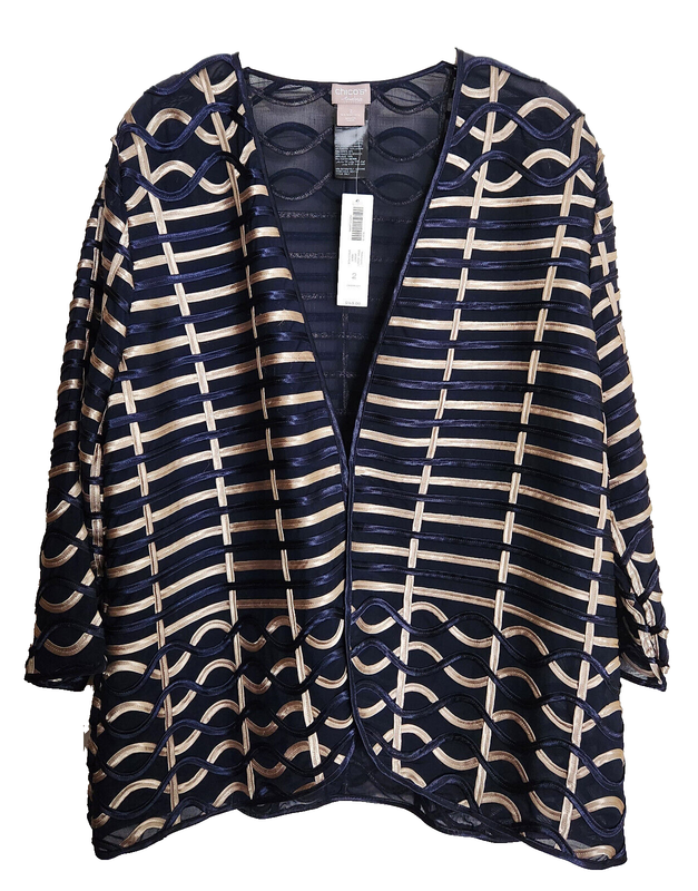 NWT Chico's 2 XL 14 Textured Travelers Strip Jacket Navy Blue Gold Lined $149